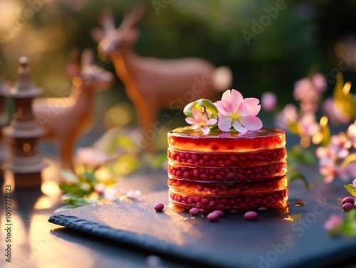 Yokan red bean jelly layered with plum blossom essence on a slate board, framed by Nara Park s famous deer and pagodas, ultrarealistic sweet simplicity and cultural warmth photo