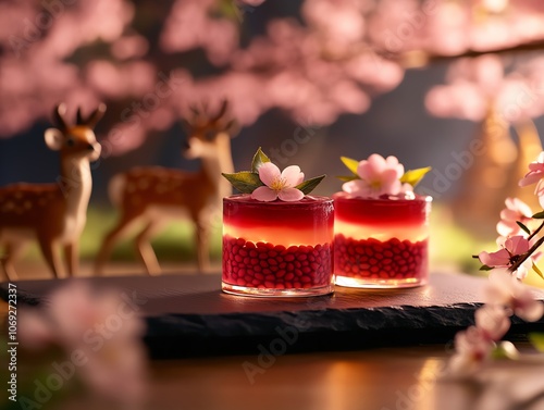 Yokan red bean jelly layered with plum blossom essence on a slate board, framed by Nara Park s famous deer and pagodas, ultrarealistic sweet simplicity and cultural warmth photo