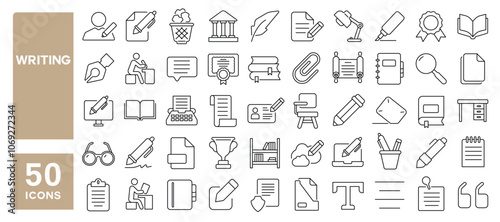 Set of 50 line icons related to writing, write, writer, book, pen, pencil, paper, document, search, crayon, author, Editable stroke. Vector illustration