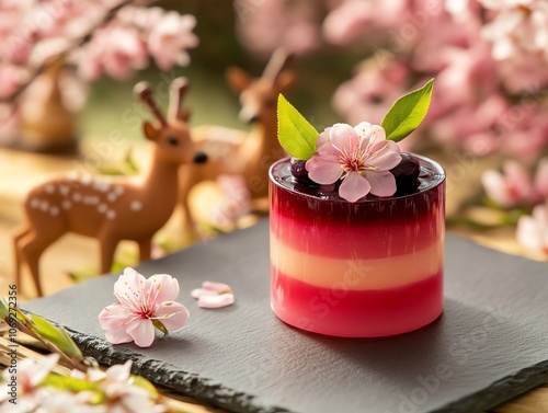 Yokan red bean jelly layered with plum blossom essence on a slate board, framed by Nara Park s famous deer and pagodas, ultrarealistic sweet simplicity and cultural warmth photo