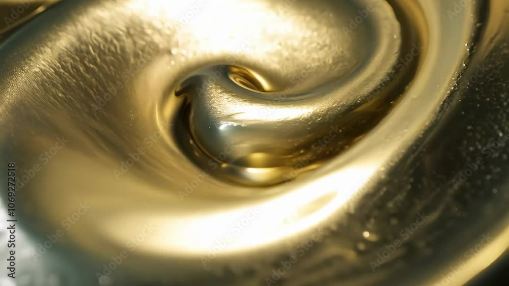 Abstract liquid swirl of gold molten metal. Thick metallic liquid spiralling in slow motion, catching reflections of light in a silver and gold color. Abstract texture, pattern.