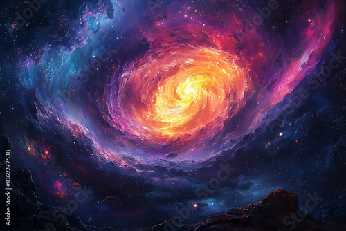 mesmerizing swirl of vibrant blues and purples in a galaxy painting, evoking a sense of deep cosmic wonder