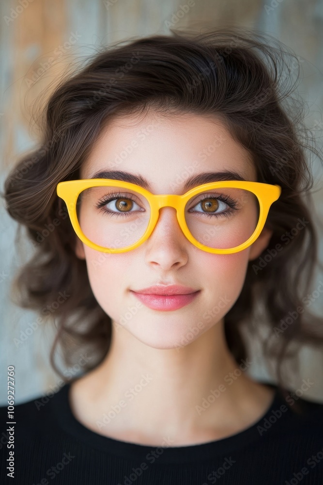 Stylish woman with curly hair and yellow glasses Stylish woman with curly hair and yellow glasses