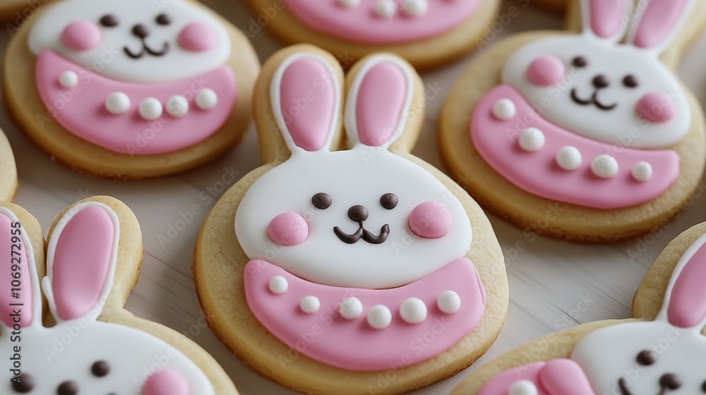 Cookies in the shape of Easter bunnies, decorated with white and pink icing. Each bunny has a cute face with pink cheeks and white beads on its neck. Cookies in the shape of Easter bunnies, decorated with white and pink icing. Each bunny has a cute face with pink cheeks and white beads on its neck.