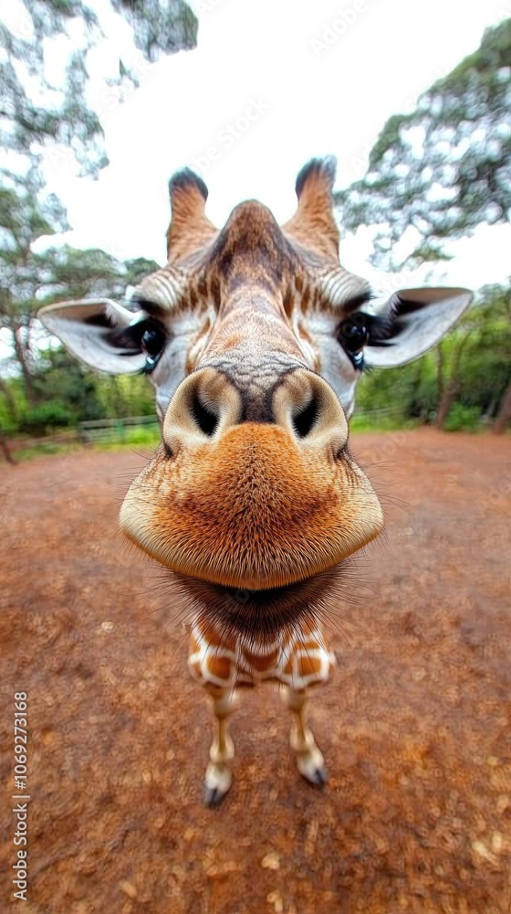 Naklejka premium A gentle giraffe stands gracefully at ground level, showcasing its vibrant features within a lush wildlife backdrop