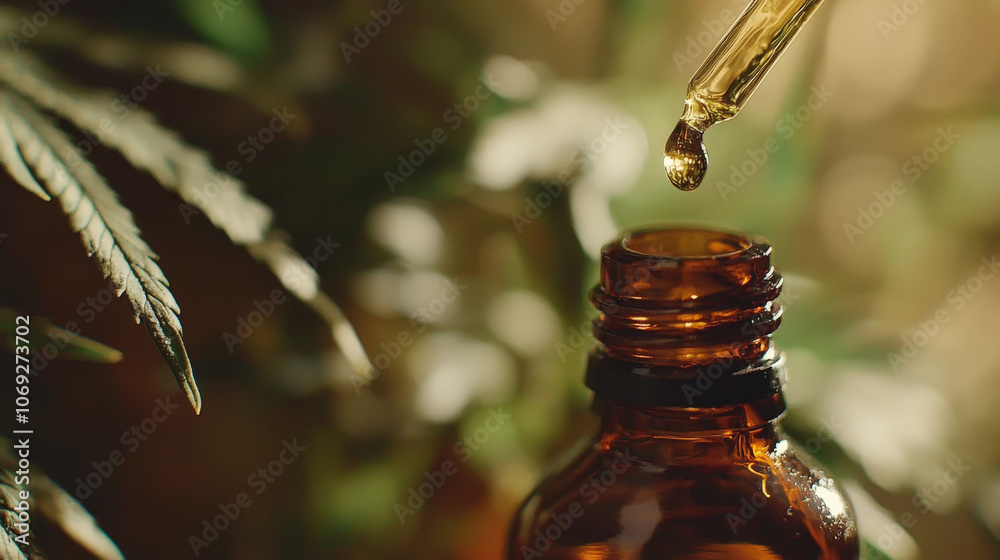 CBD Oil Dropper Above Amber Bottle in Warm Light CBD Oil Dropper Above Amber Bottle in Warm Light