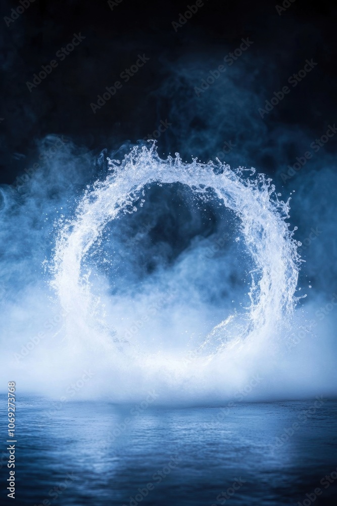 Powerful wave crashing against the dark, misty backdrop