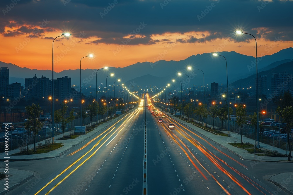 Fototapeta premium Highway equipped with solar-powered streetlights. Generative AI
