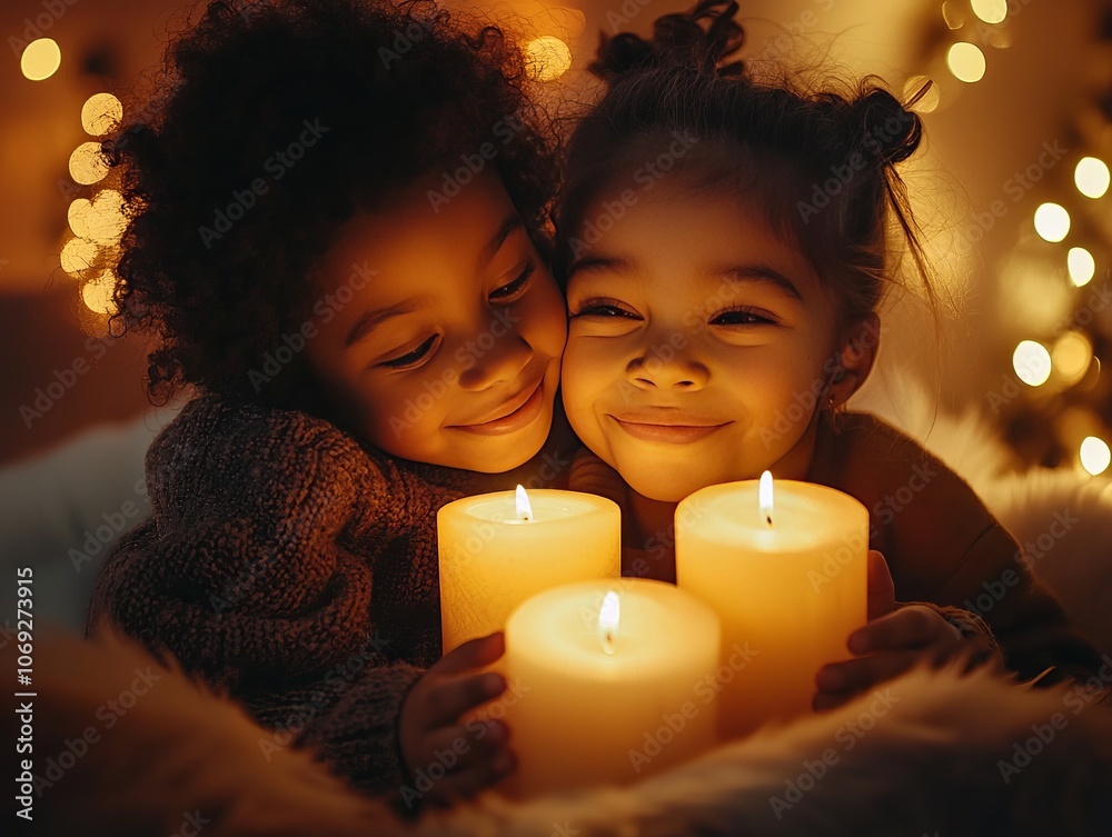 Two young girls smile as they hold candles. Two young girls smile as they hold candles.