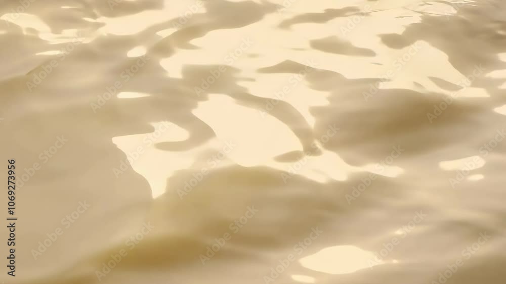 Glowing ripples form on a texture of reflecting beige liquid. Abstract texture, fluid patterns with moving waves. 