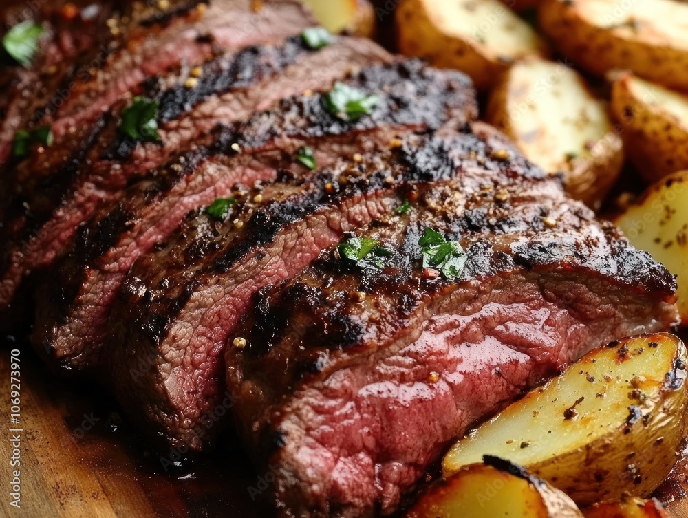 A beautifully cooked steak served with roasted potatoes and herbs. A beautifully cooked steak served with roasted potatoes and herbs.