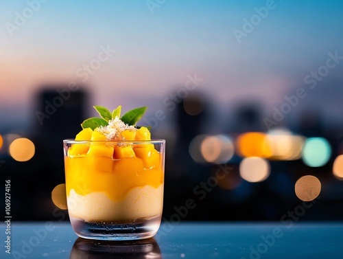 Silky tofu pudding with mango puree and yuzu syrup, overlooking Kobe s city lights, ultrarealistic refreshing fusion of tropical sweetness and urban sophistication photo