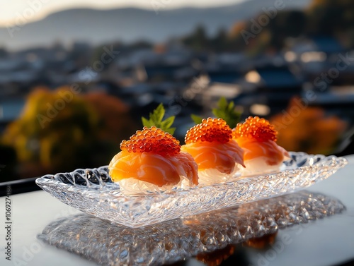 Snow crab sashimi topped with caviar, served on a crystal platter with views of the historic Gion district in Kyoto, ultrarealistic timeless Japanese luxury photo