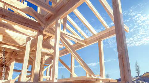 Wooden Frame Structure of House Under Blue Sky