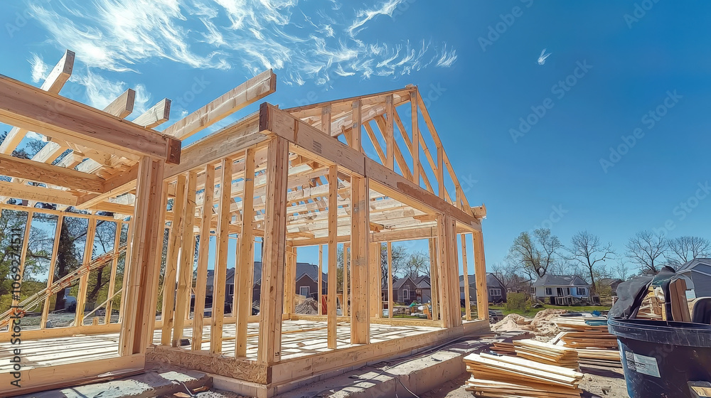 Wooden Frame Structure of House Under Blue Sky Wooden Frame Structure of House Under Blue Sky