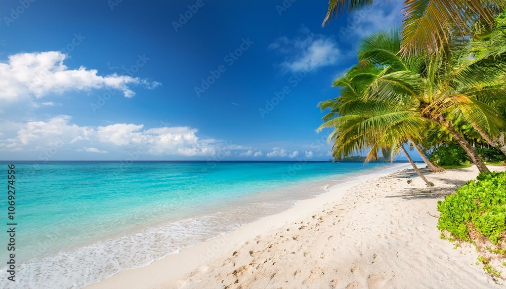 Obraz premium Beautiful tropical beach with palm trees, sunset beach seascape, design template for travel banner.