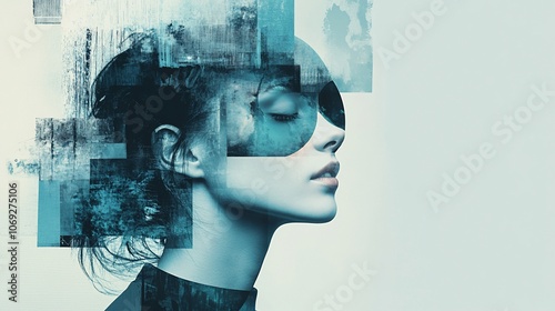 A woman's face is partially obscured by a blue and gray abstract design, creating a mysterious and artistic image.