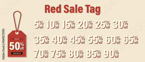 Promotional red sale tag showcasing an array of discount percentages specifically designed for retail advertising