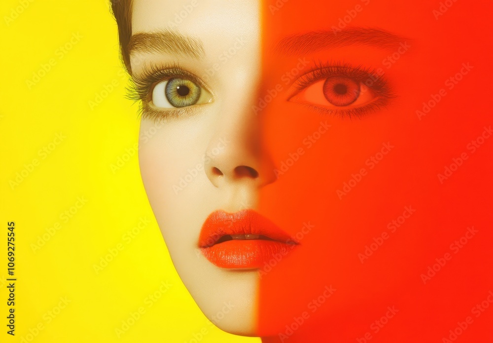 Striking portrait of a person with vibrant makeup and contrasting colors Striking portrait of a person with vibrant makeup and contrasting colors