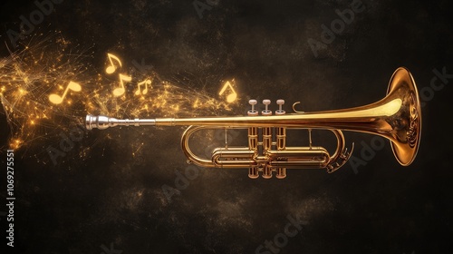 A brass trumpet releasing musical notes adorned with golden sparks, showcasing the beauty and creativity of music in a visually striking and artistic depiction.