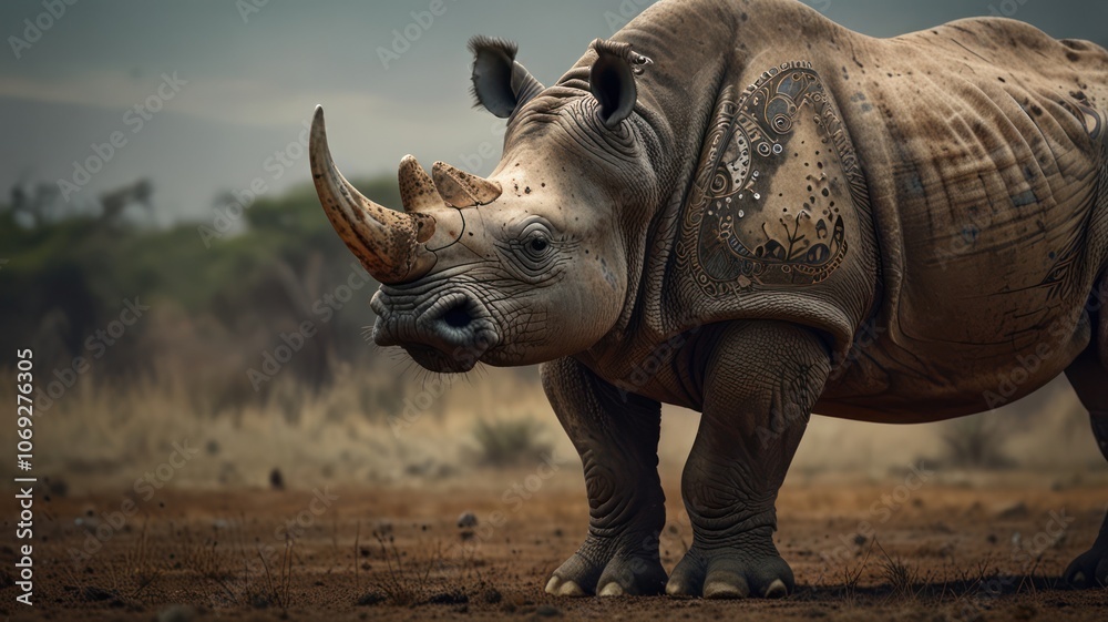 Fototapeta premium a Greater One-horned Rhinoceros, standing tall in a lush, green forest. Its thick, gray skin, prominent horn, and powerful build are captured in stunning detail.