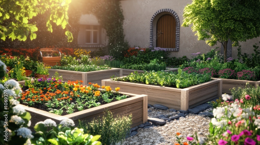Naklejka premium A beautifully designed garden with raised beds, flowers and lush greenery, all lit by the warm glow of the morning sun.