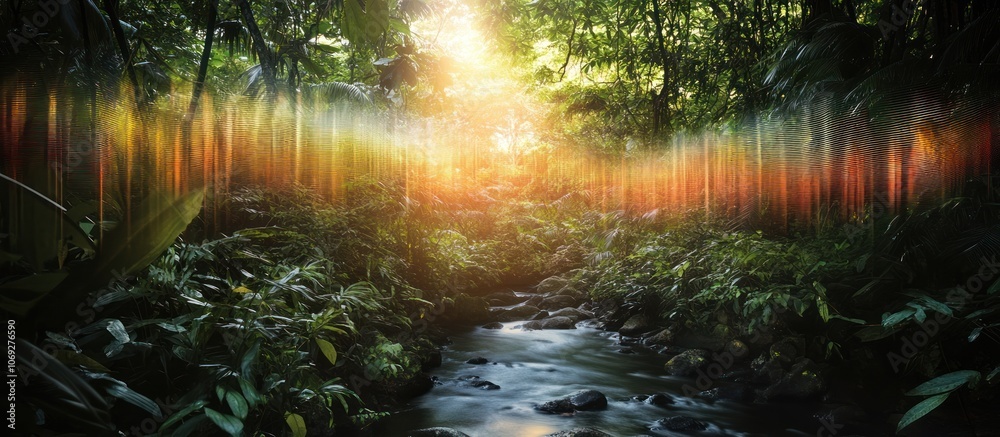 Sunlight beams through the dense foliage of a lush jungle, illuminating a winding creek. Sunlight beams through the dense foliage of a lush jungle, illuminating a winding creek.