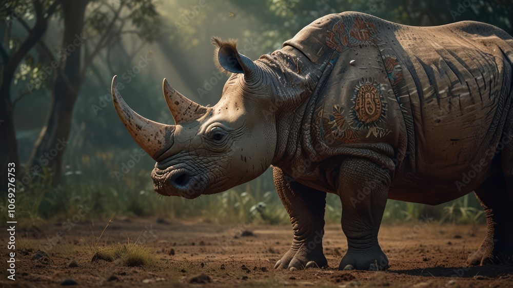 Fototapeta premium a Greater One-horned Rhinoceros, standing tall in a lush, green forest. Its thick, gray skin, prominent horn, and powerful build are captured in stunning detail.