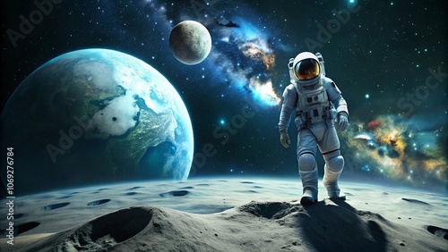 Astronaut exploring the Moon's surface, surrounded by a vast space landscape and distant stars.