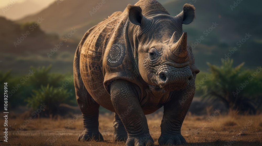 Fototapeta premium a Greater One-horned Rhinoceros, standing tall in a lush, green forest. Its thick, gray skin, prominent horn, and powerful build are captured in stunning detail.