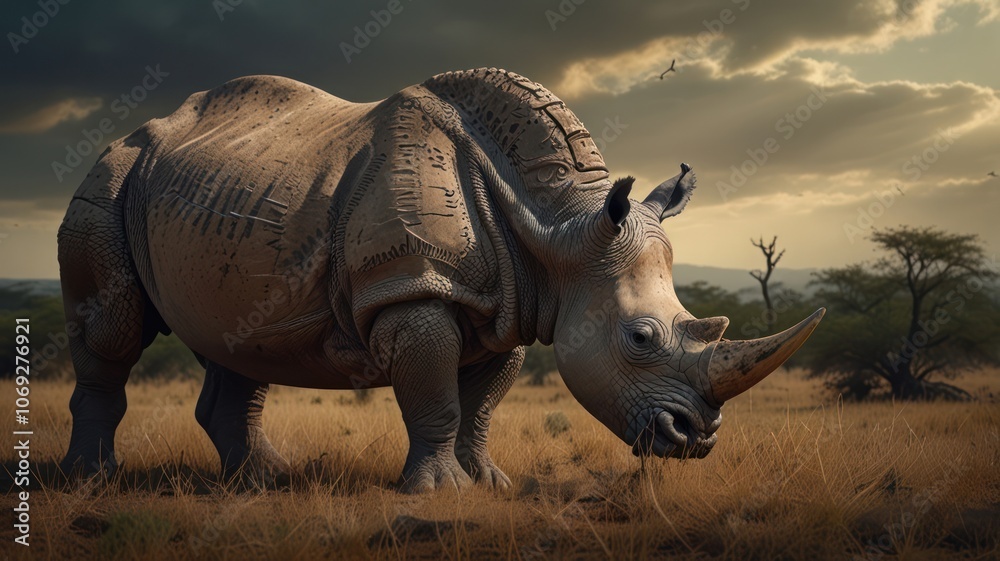 Fototapeta premium a Greater One-horned Rhinoceros, standing tall in a lush, green forest. Its thick, gray skin, prominent horn, and powerful build are captured in stunning detail.