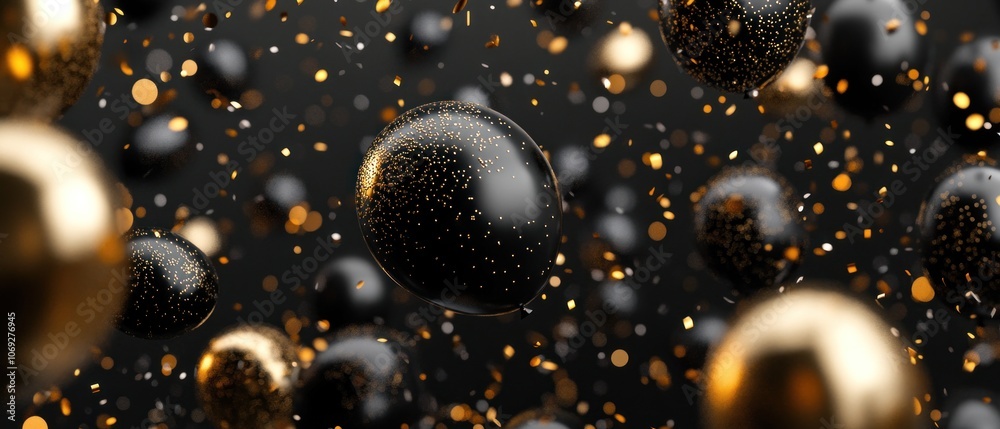 A dynamic arrangement of black and gold spheres with sparkling particles on a dark background. A dynamic arrangement of black and gold spheres with sparkling particles on a dark background.