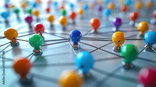 Colorful pins connected by strings on a white surface, showcasing a network of relationships and connections