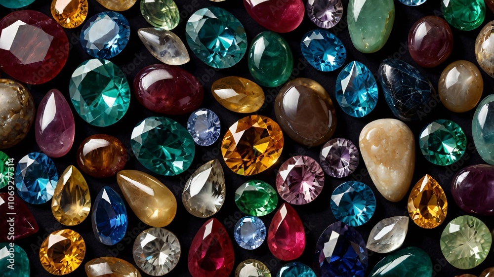 A vibrant collection of various gemstones, showcasing an array of colors and shapes against a dark background A vibrant collection of various gemstones, showcasing an array of colors and shapes against a dark background