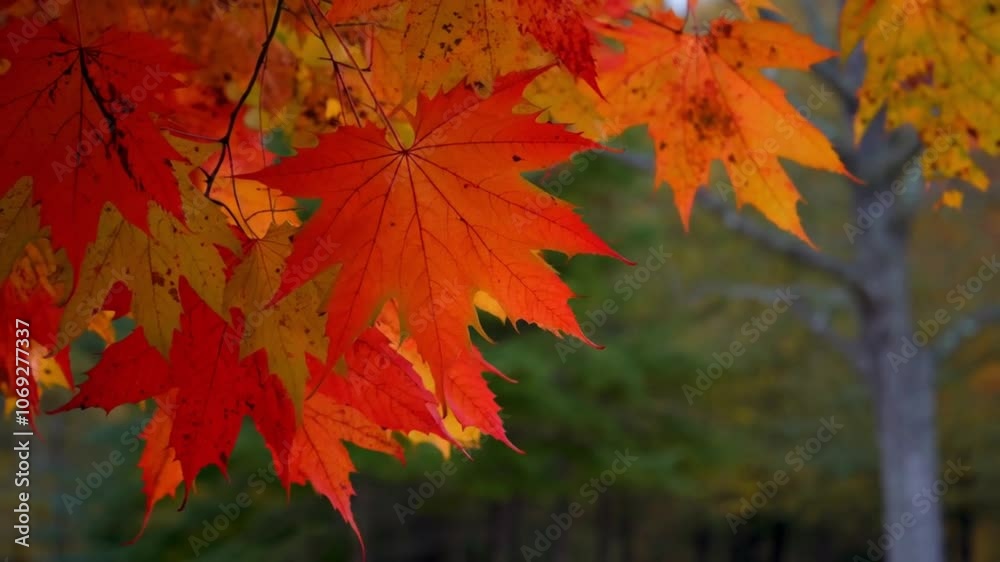 Super Slow Motion of Autumn Orange Maple Leaves Wavering and Falling Down . Filmed on High Speed Cinema Camera , 1000 fps . Beautiful Autumn Moody Colored Background Super Slow Motion of Autumn Orange Maple Leaves Wavering and Falling Down . Filmed on High Speed Cinema Camera , 1000 fps . Beautiful Autumn Moody Colored Background
