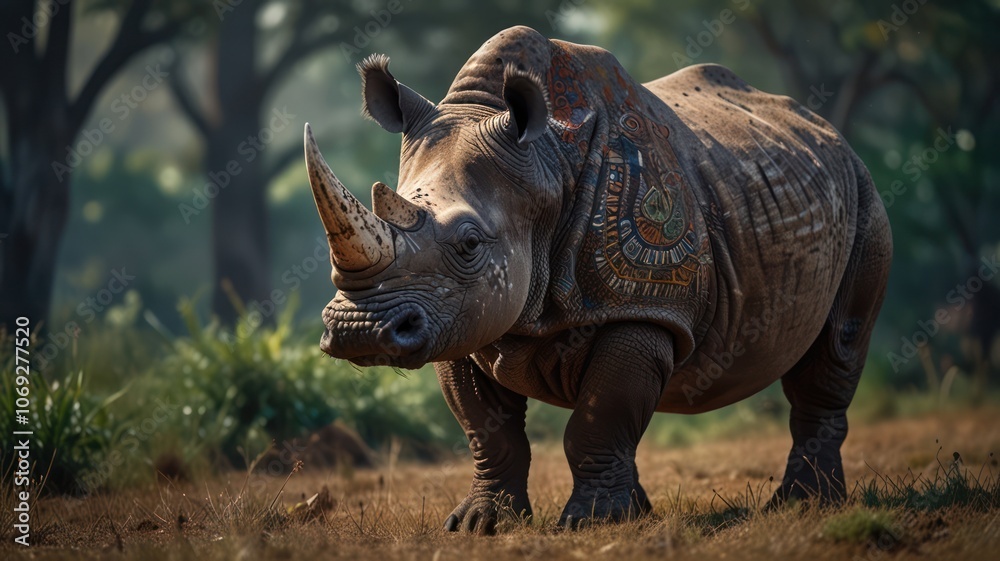 Fototapeta premium a Greater One-horned Rhinoceros, standing tall in a lush, green forest. Its thick, gray skin, prominent horn, and powerful build are captured in stunning detail.