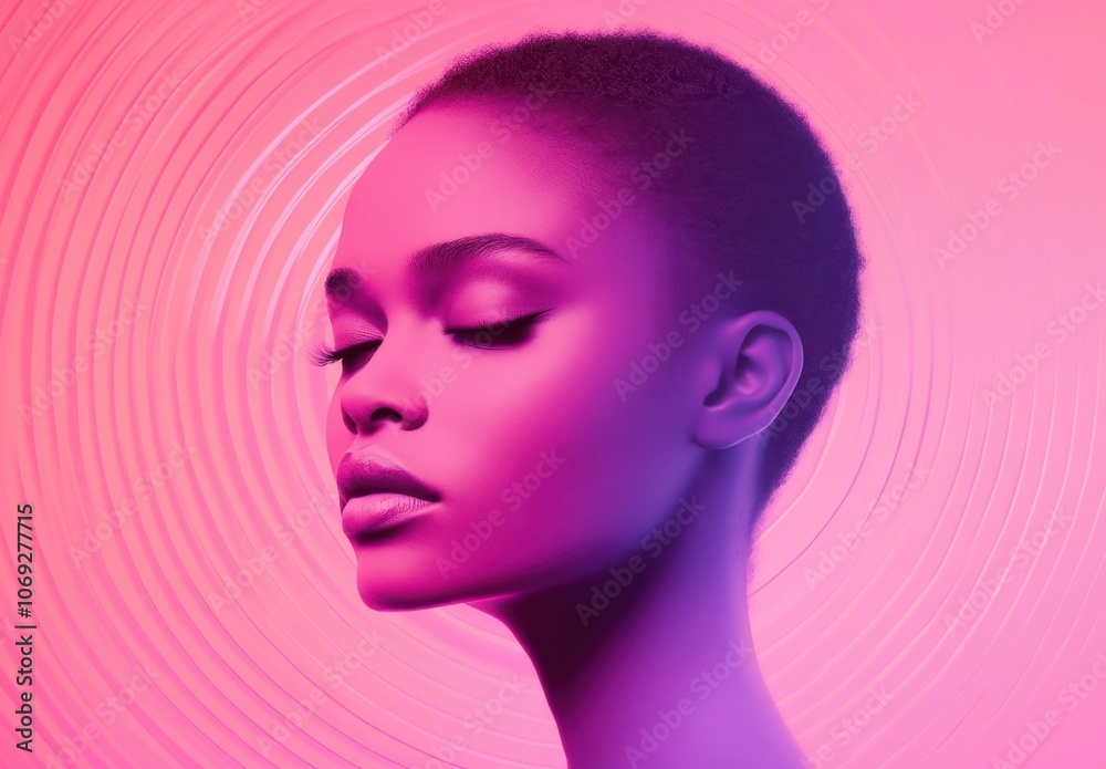 Serene portrait of a person with closed eyes against a vibrant pink and purple background Serene portrait of a person with closed eyes against a vibrant pink and purple background