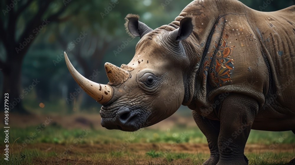 Fototapeta premium a Greater One-horned Rhinoceros, standing tall in a lush, green forest. Its thick, gray skin, prominent horn, and powerful build are captured in stunning detail.