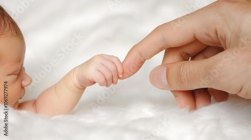 A newborn baby's tiny hand reaching out to grasp an adult's finger in a cozy setting