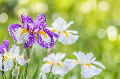 美しい紫と白の花が咲く庭の中で、柔らかな緑の背景を背にした春の日差し