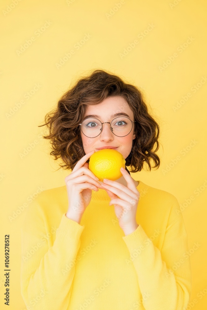 Cheerful woman in yellow clothing holding a lemon Cheerful woman in yellow clothing holding a lemon