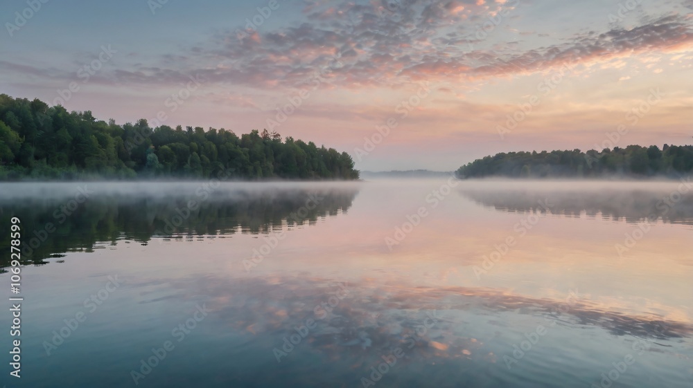 Fototapeta premium Serene morning at the tranquil lake with mist rising amid lush trees and soft pastel skies in early dawn light