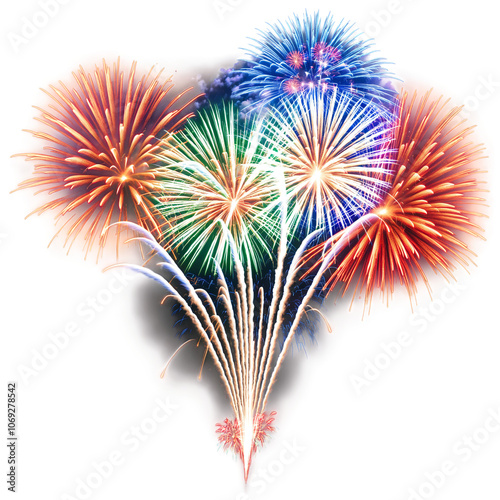 Colorful fireworks bursting on transparent background