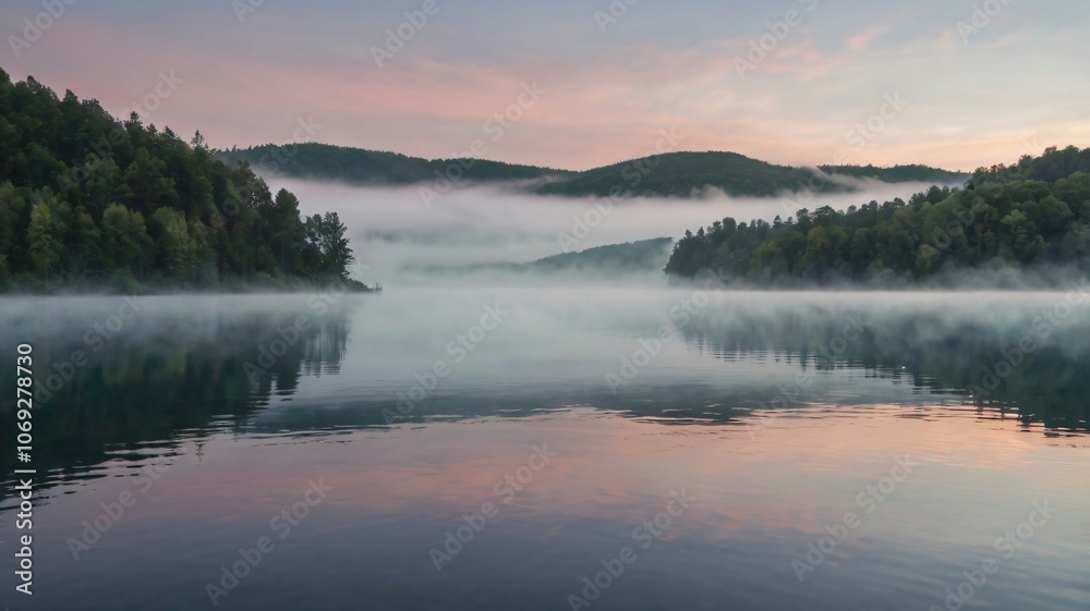 Misty lake during sunrise with reflections and mountains in background, early morning tranquility in nature's embrace Misty lake during sunrise with reflections and mountains in background, early morning tranquility in nature's embrace