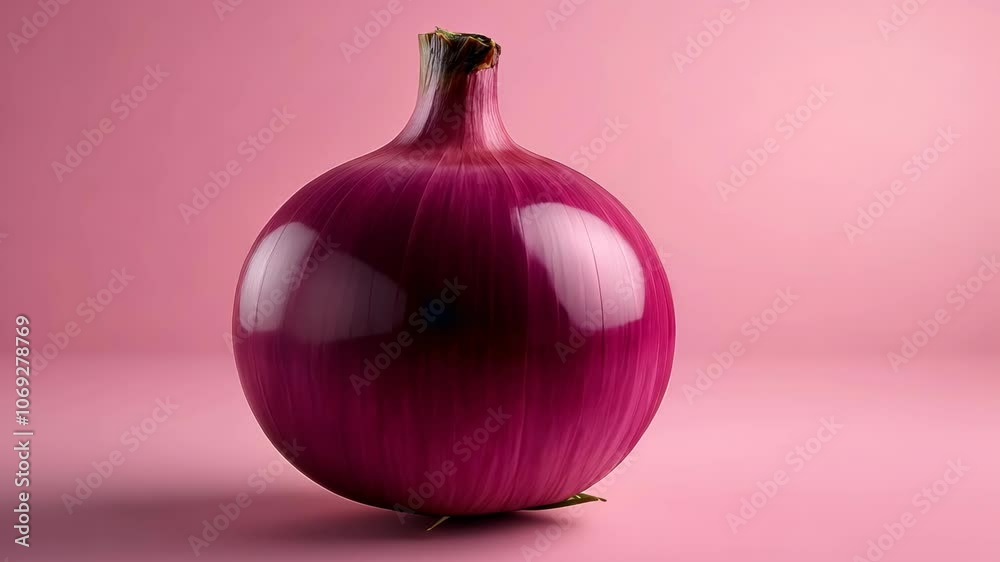 A single red onion sits on a pink background