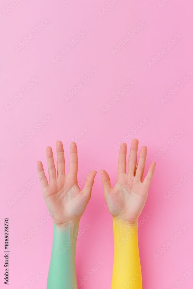 Colorful hands reaching up on a pink background Colorful hands reaching up on a pink background