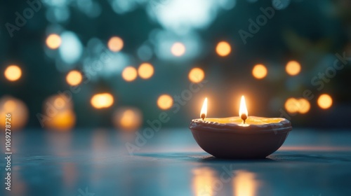 Glowing candles in a tranquil setting with blurred lights in the background