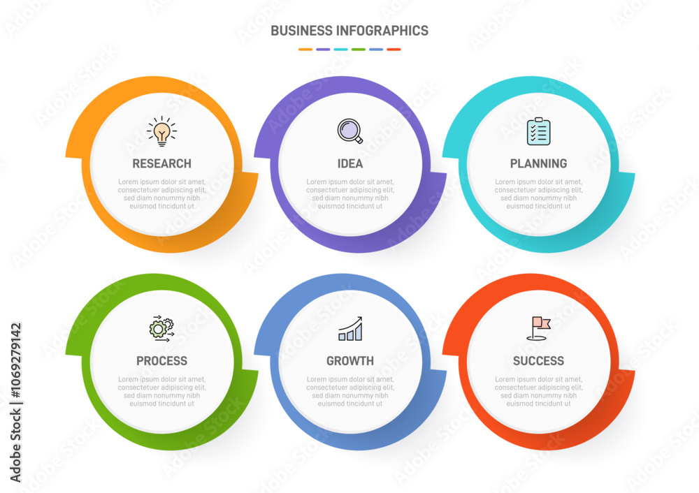6 clean infographic design shaped elements template, symbolizing the six stages of business strategy and progression. Progress bar or timeline. Vector for presentation, web site or app. 6 clean infographic design shaped elements template, symbolizing the six stages of business strategy and progression. Progress bar or timeline. Vector for presentation, web site or app.