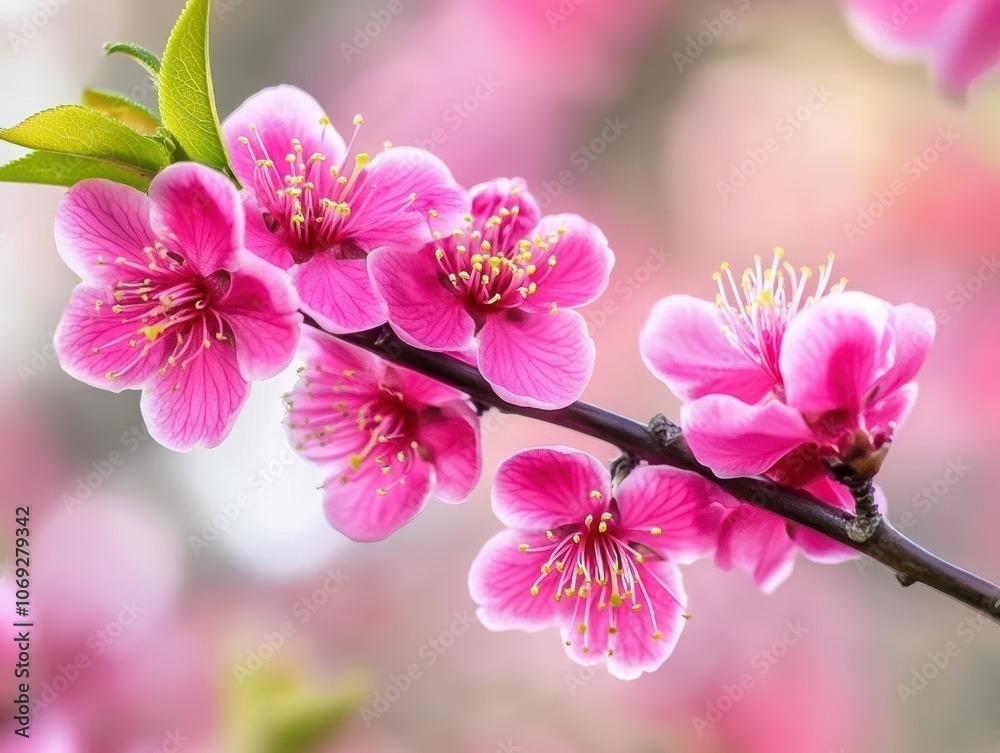 Obraz premium 春の訪れを告げるピンクの桃の花が咲き誇る風景、穏やかな日差しの中での光景
