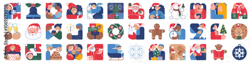 Christmas vector templates set. Merry Christmas and Happy New Year cards. Traditional winter holiday symbols hand drawn geometric simple illustrations